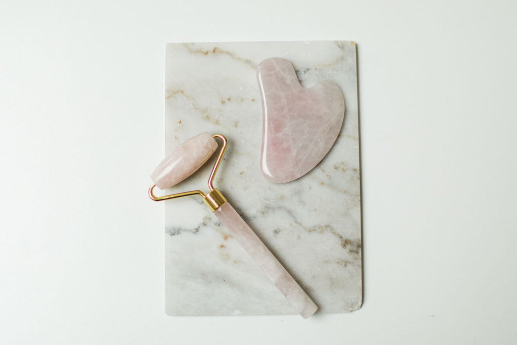 Rose Quartz Gua Sha and Facial Roller Set flatlay