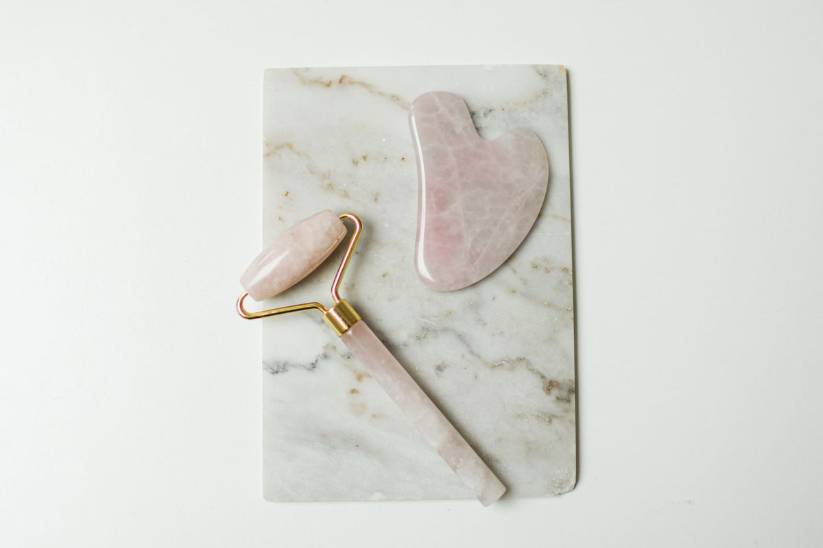 Rose Quartz Gua Sha and Facial Roller Set flatlay