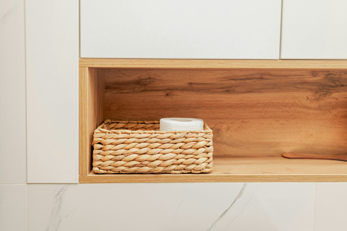 Wire storage basket on a shelf